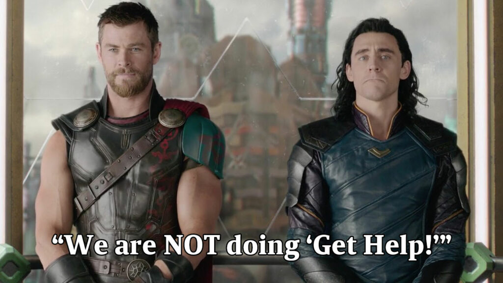 Thor and Loki, discuss "Get Help!" - Note that this screen shot is and remains 100% the intellectual property of Marvel Studios. No ownership or originator rights are claimed by ArcLite Solutions.